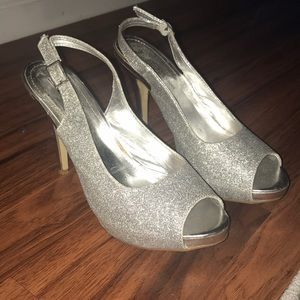 Silver glitter sling-back open-toes heels